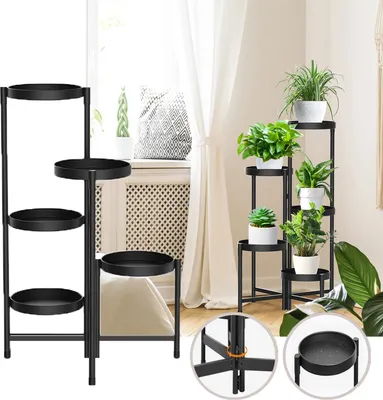 A collage of images showing a black metal plant stand with multiple tiers, some with plants on them, and close-up views of the stand's construction.