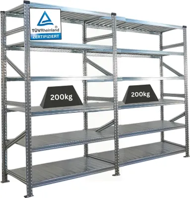 Produktbild von Fachbodenregal PROXIMO mit  Stecksystem | Komplettregal | HxBxT 210x240x60cm | 6 Ebenen | Beidseitig nutzbar | Verzinkt