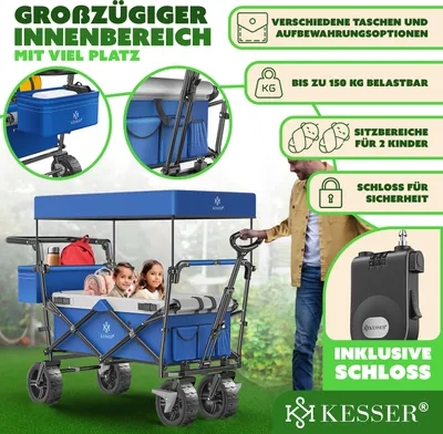 Produktbild von KESSER® Bollerwagen faltbar GT9000 Handwagen mit Dach | Transportwagen max. belastbar bis 150kg mit Hartgummi-Räder & Feststellbremsen (Vorne & Hinten) | Inkl. Schloss, Abdeckung & Sichtschutz