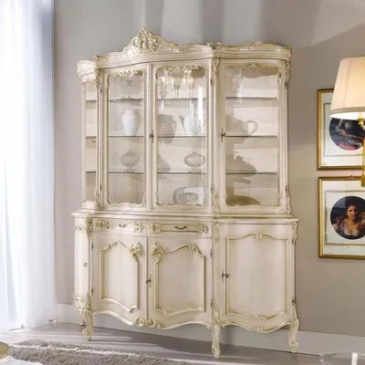 Immagine prodotto di Casa Padrino, vetrina barocca  bianca e dorata, 185 x 223 cm - Elegante vetrina con 8 ante e 2 cassetti - Prodotta in Italia