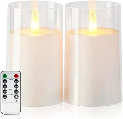 Image de Bougies lumineuses LED blanches de 7,6 cm × 12,7 cm avec télécommande et minuterie, effet de scintillement réaliste, bougies lumineuses en acrylique à piles pour le salon, les mariages, les fêtes, les décorations d'automne et de Noël, lot de 2 pièces