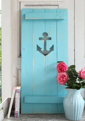 Produktbild von Landhaus Fensterladen hellblau mit Anker, Shabby antique chic Handgefertigt