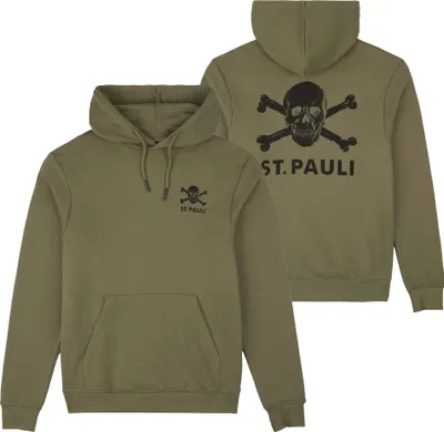 Produktbild von FC St. Pauli Kapuzenpullover Black-Olive Totenkopf, Offizieller Fanartikel, Hoodie in Oliv mit Frontlogo & großem Totenkopf Rückenprint, 100% Baumwolle