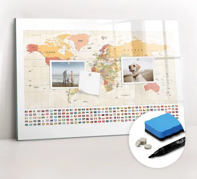 Produktbild von Magnetpinnwand Memoboard - Zubehörsatz - Schwarzer Marker + Schwamm + Magnete - 60 x 40 cm - Weltkartendesign