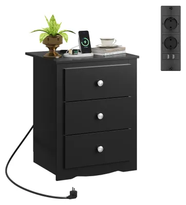 Obrázok produktu pre Nočný stolík s 3 zásuvkami, nabíjacou stanicou, USB portmi a zásuvkami, odkladací stolík do spálne, obývačky alebo kancelárie (1, čierny)