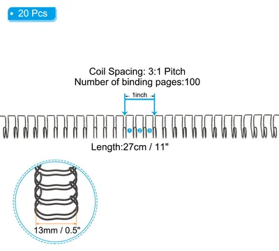 Produktbild von 13mm (1/2") Doppelring-Drahtbinderš¹cken, 20 Stš¹ck Metall-Doppelring-Bindungsspulen 100 Blatt Kapazit?t 3:1 Teilung 32 Ring-Bindungsrš¹cken, Schwarz