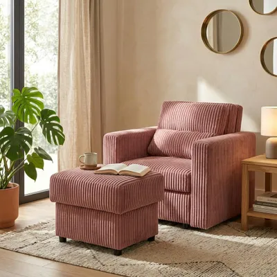 Produktbild von Schlafsessel-Set KOMO Idylla – mit Hocker und Stauraum, Cord in Rosa, Family Meble, KI-generiertes Bild