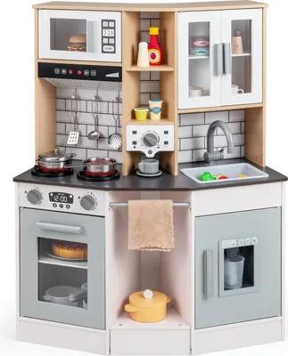 Image de COSTWAY Cuisine pour enfants, cuisine en bois avec 10 accessoires, lumière, son, cuisinière, évier, machine à glaçons, machine à café, micro-ondes et four, pour enfants de 3 ans et plus, gris