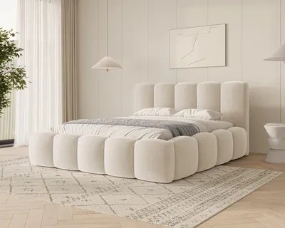 Produktbild von MOEBLO Polsterbett Bubble Bett 18 – Doppelbett Wolkenbett mit Riviera Samt-Velours, gepolstertem Kopfteil, Bettkasten, Gasfedermechanismus und Lattenrost - 140x200 cm - Beige (Riviera 02)