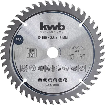 Immagine prodotto di lama circolare kwb 150 x 16 mm - Taglio molto fine - Per piani di lavoro, legno e pannelli rivestiti - Punta in metallo duro