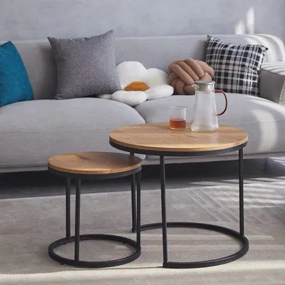 Productafbeelding van Set van 2 ronde salontafels en bijzettafels, hout, voor woonkamer en slaapkamer