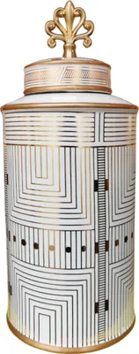 Produktbild von Fine Asianliving Chinesischer Vase mit Deckel Porzellan Weiß Gold Geometrisch Handgefertigt D16xH37cm Dekorative Vase Blumenvase Orientalische Keramik Vase Dekoration Vase Moderne Tischdekoration Vase