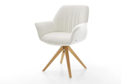 Produktbild von DELIFE Drehstuhl Keila-Flex mit Armlehnen Bouclé Soft Beige Holzgestell kantig Natur 180° drehbar