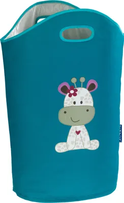 A teal laundry basket with a cartoon giraffe design.
