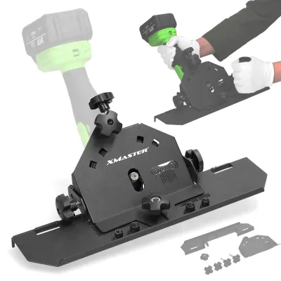 A close-up view of a metal cutting guide attachment for an angle grinder, with a person's hands holding the angle grinder in the background.