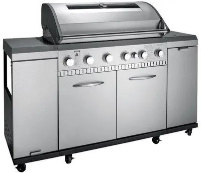 A stainless steel gas grill with multiple burners and storage cabinets.