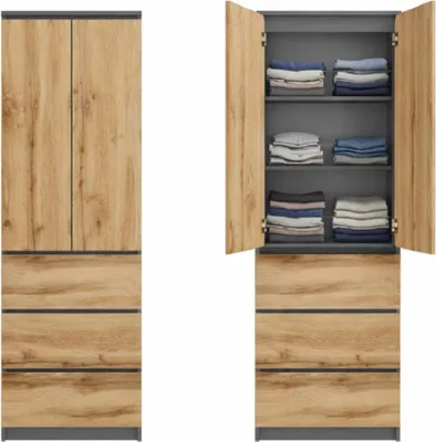 Produktbild von Home Collective Kleiderschrank, Garderobenschrank, Mehrzweckschrank 2-türig mit 3 Einlegeböden & 3 Schubladen | Schrank für Schlafzimmer, Flur oder Büro | Anthrazit-Eiche