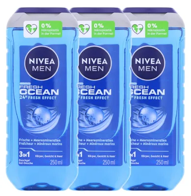 Produktbild von 3 x NIVEA MEN Fresh Ocean Duschgel je 250ml 3in1 mit maritimem Duft