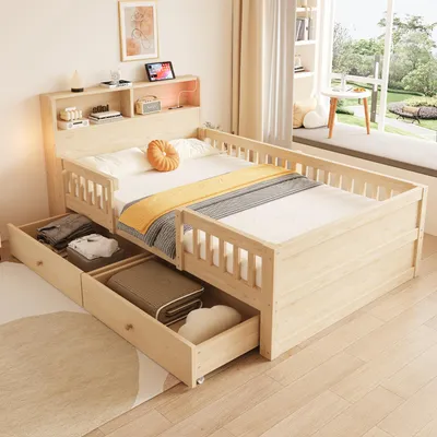 Obrázok produktu pre Detská postieľka 90x190 cm s 2 zásuvkami, LED osvetlením, USB a USB-C portmi, odkladacím priestorom a bezpečnostnou zábranou, jednolôžková posteľ, borovicové drevo, prírodné drevo