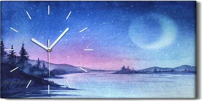 Produktbild von Dekor Leinwand Uhr Wandbilder 60x30 Gemälde Fluss Bäume Himmel Nacht Sterne Mond - weiße Hände