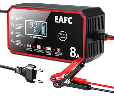 Image de Chargeur intelligent pour batterie de voiture - 12 V, 8 A, prise européenne - Automatique - Charge rapide - Réparation par impulsions - Batteries GEL/plomb-acide - Boîtier en ABS - Vert militaire