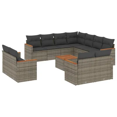 Produktbild von Modulares Garten-Sofa Set, 12-teilig, mit Stauraum & Kissen, Poly Rattan & Akazienholz, Grau, UV-beständig