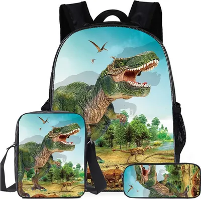 Produktbild von 14 Zoll Cooler T-Rex Dinosaurier Print Jungen Mädchen Schulrucksack Umhängetasche, Lunchbox, Bleistiftbeutel 3-teiliges Set / Typ A.