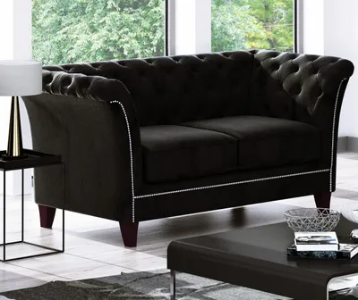 Produktbild von S-STYLE MÖBEL - Zephyr - Chesterfield Sofa 2-Sitzer aus Schwarz Samt mit Holzfüßen, B/T/H: 175 cm/ 82 cm/ 75 cm