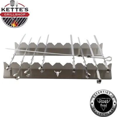 A stainless steel skewer rack with 10 skewers, displayed on a white background with a logo and a certification seal.