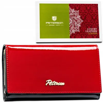 Obrázok produktu pre Peterson | Módna dámska peňaženka z prírodnej kože, v červenej a čiernej farbe, so zapínaním na cvočky a patentky, 15,5x9 cm
