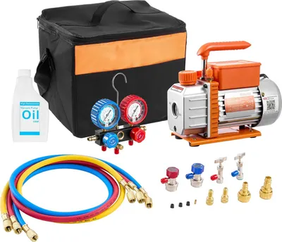 Produktbild von Klimaanlagen-Vakuumpumpe - Drehschieber-Vakuumpumpen-Set - Einstufig - Förderleistung 99 L/min - Motor 180 W - Manometer - Für R134a/R22/R410A/R1234yf/R32 - Für Kfz-Klimaanlagen