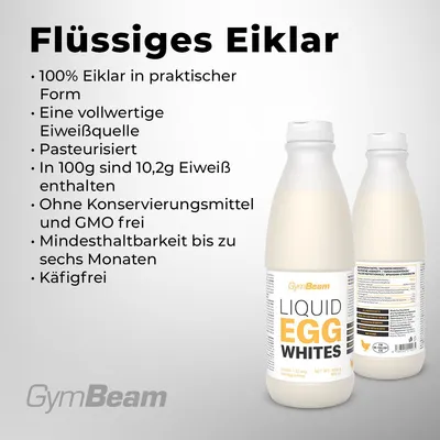 Produktbild von GymBeam Flüssiges Eiklar - praktische Form von 100% Eiklar, schnelle und vollwertige Eiweißquelle, ideal für Proteinshakes, Backen und Kochen, 1000 g