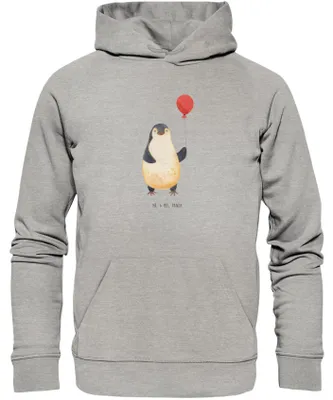 Produktbild von Mr. & Mrs. Panda Kuschelhoodie Pinguin Luftballon Größe XS - Heather Grey - Geschenk, Sweatshirt, Kapuzenpullover, Pullover, Hoodie, Geschenkidee, Statement-Hoodie, Liebe