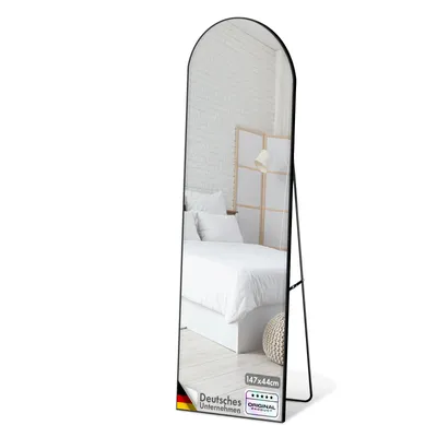 Obrázek produktu pro Zrcadlo v celé délce, 147 x 44 cm, černé stojací zrcadlo se zakřiveným hliníkovým rámem, volně stojící a nástěnné, Madison