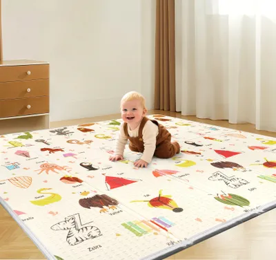 Produktbild von Krabbelmatte Baby 180x200 XXL Faltbare Spielmatte 1,5cm Dick, Wasserdichte Rutschfeste Baby Matte mit Tragetasche, Doppelseitige Design - Tieralphabet