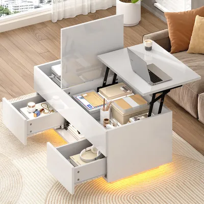 Produktbild von 100*45*43cm anhebbarer Couchtisch mit 2 Schublade, Hochglanz-Beistelltisch mit LED, Sofatisch, kaffeetisch, Wohnzimmertisch mit verstecktem Stauraum, Weiß, Spanplatte