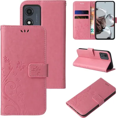 Produktbild von Handyhülle für Motorola Moto E13 Floral Blumen Schmetterling Flip Cover Hülle Case Klapphülle Handytasche Farbe: Rosegold