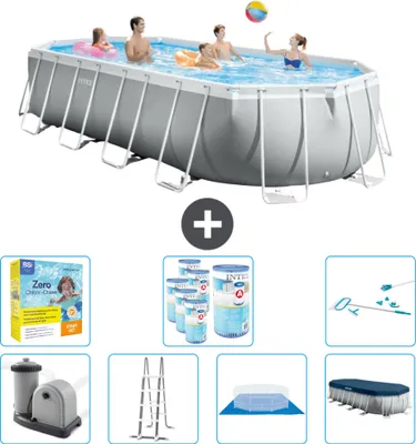 Produktbild von Intex Oval Prism Frame Swimmingpool – 610 x 305 x 122 cm – Grau – inklusive Pumpe – Leiter – Bodenplane – Abdeckung Wartungspaket - Filter - Reinigungskit