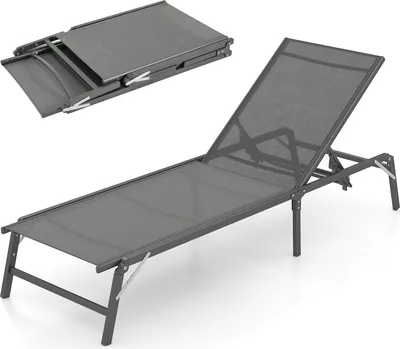 Obrázek produktu pro Skládací lehátko s 5 polohami nastavitelného opěradla, prodyšná tkanina, robustní kovová konstrukce, venkovní lehátka, bez nutnosti montáže