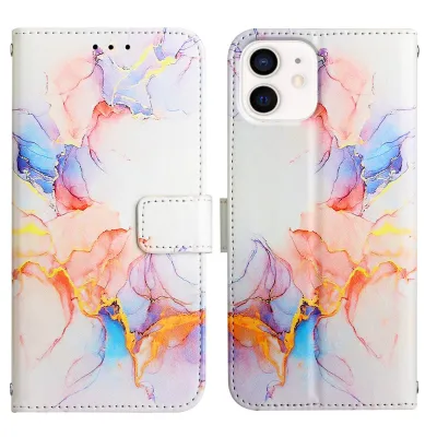 A product shot of an iPhone 11 wallet case with a marble-like abstract design.