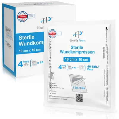 Produktbild von Health Press Sterile Kompressen 10x10 cm – 40 Wundkompressen im Set (20x2 Stück) – Verbandsmaterial für Wundversorgung
