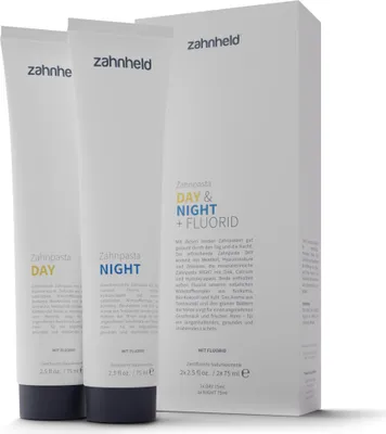 Produktbild von Zahnpasta Day&Night mit Fluorid (2x75ml Tube), Zahnreinigung mit Minzgeschmack, 6-facher Wirkstoffkomplex aus natürlichen Inhaltsstoffen