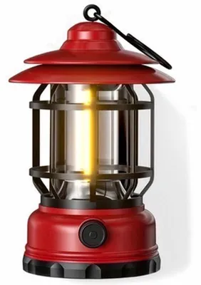 Immagine prodotto di Lampada da campeggio LED retrò con batteria ricaricabile tramite USB Type-C e illuminazione a 360° con regolazione continua della luminosità - Colore: rosso