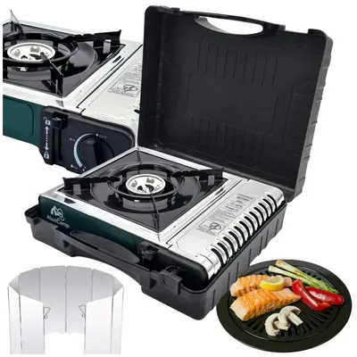 Produktbild von Gaskocher - Tragbarer Campingkocher - GREEN - Edelstahl - für Kartusche - mit Transportkoffer und Grillaufsatz - Windschutz