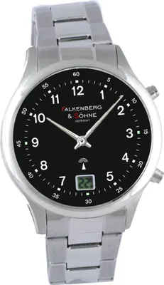 A close-up studio shot of a silver and black men's wristwatch with a black face and silver band.