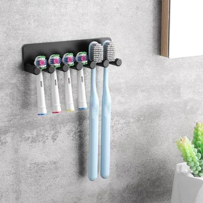 Obrázek produktu pro Elektrická stěna na čištění zubních kartáčků pro 6 držáků nástavců, nerezová ocel, samolepicí, černá