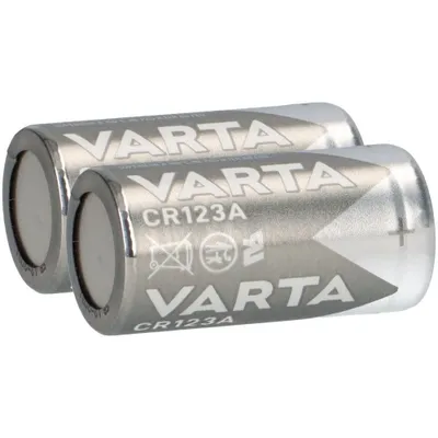 Two Varta CR123A lithium batteries are shown against a white background.