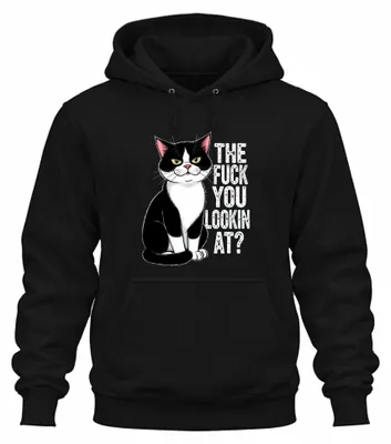 Imagen del producto de Sudadera con capucha "Mira a quién tienes delante", diseño de gato tuxedo, expresión gruñona y sarcástica, color negro, talla XXL