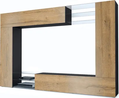 Produktbild von Vladon Wohnwand Mirage,  Germany, Anbauwand mit Rückwand mit 2 Türen, 2 Klappen und 6 offenen Glasablagen, Schwarz matt/Eiche Natur (262 x 183 x 39 cm)