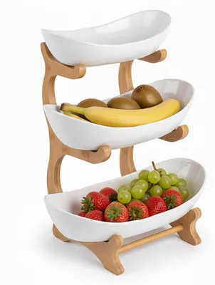 3-stufige Obst-Etagère aus Bambus, oval, natur-weiß, 34x25x10 cm